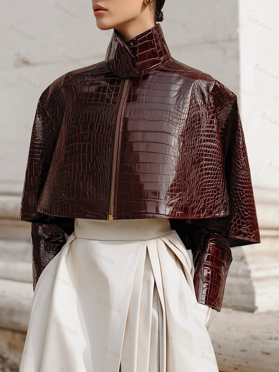 Minimalist Cape Collar Glossy Crocodile Eco-leather Jacket
