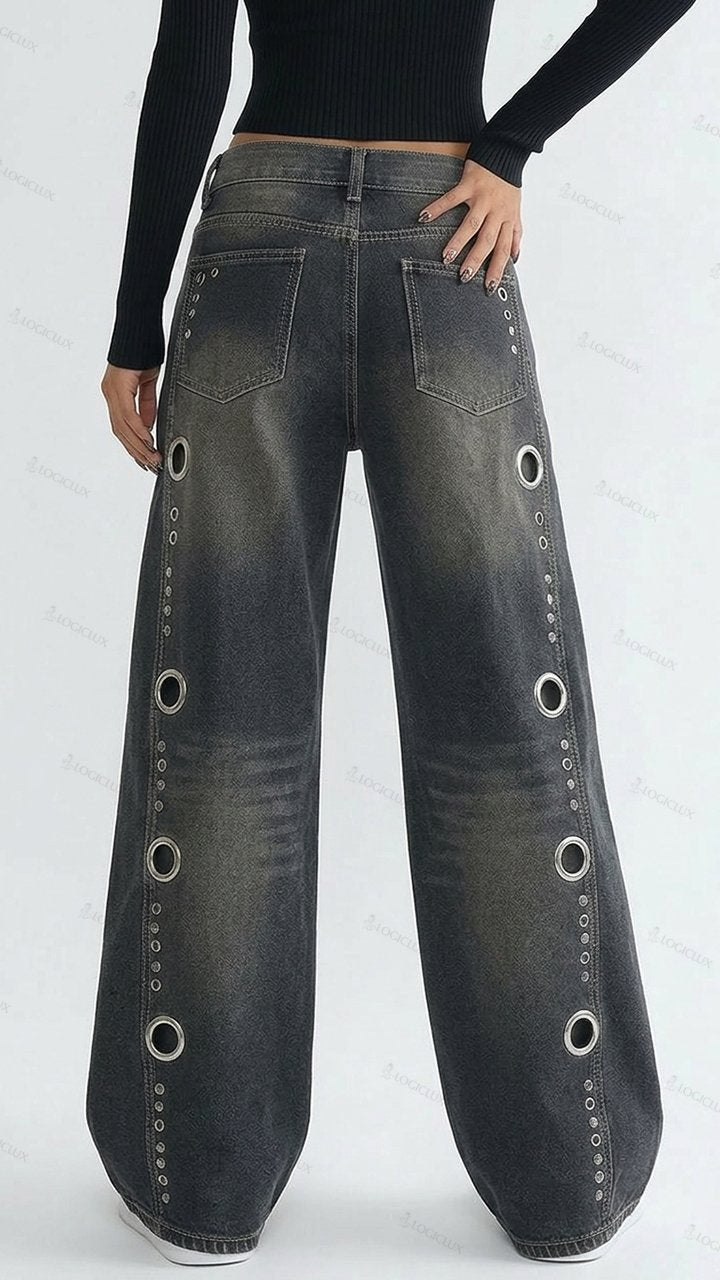 Womens High Waist Eyelet Decorated Wide Leg Jeans