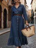 Elegant Ruffled Hem 100% Cotton Denim Dress