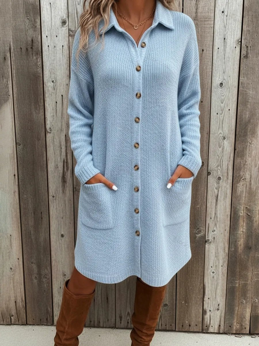 Women's Casual Pocket Knit Midi Shirt Dress