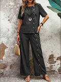 Women's Casual Short-sleeved Button-up Denim Cotton Top And Jeans Two-piece Set