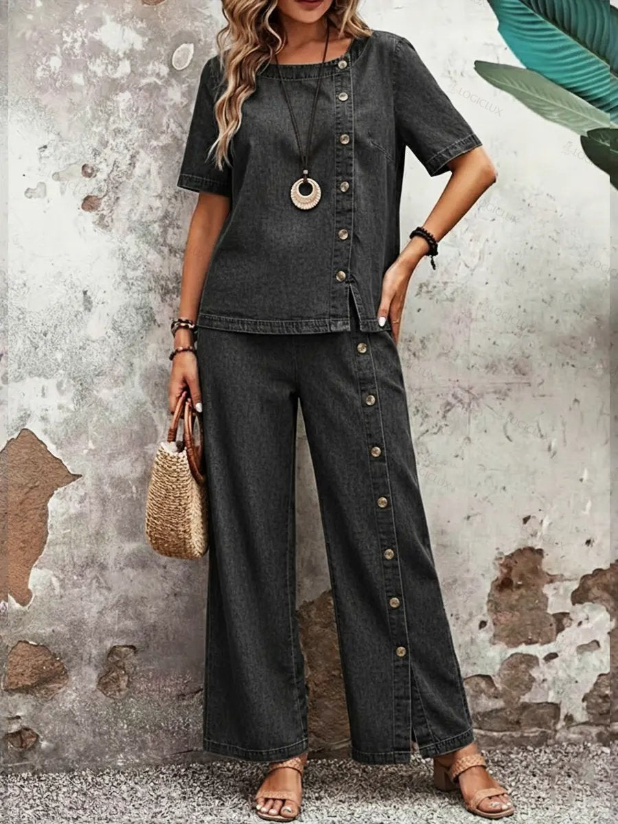 Women's Casual Short-sleeved Button-up Denim Cotton Top And Jeans Two-piece Set