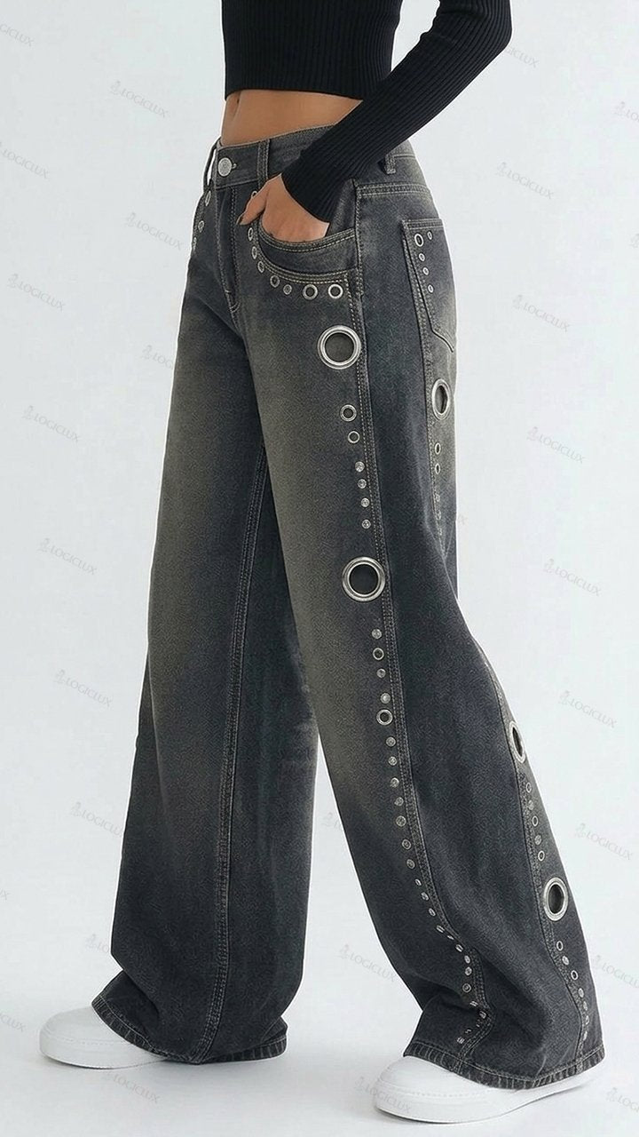 Womens High Waist Eyelet Decorated Wide Leg Jeans