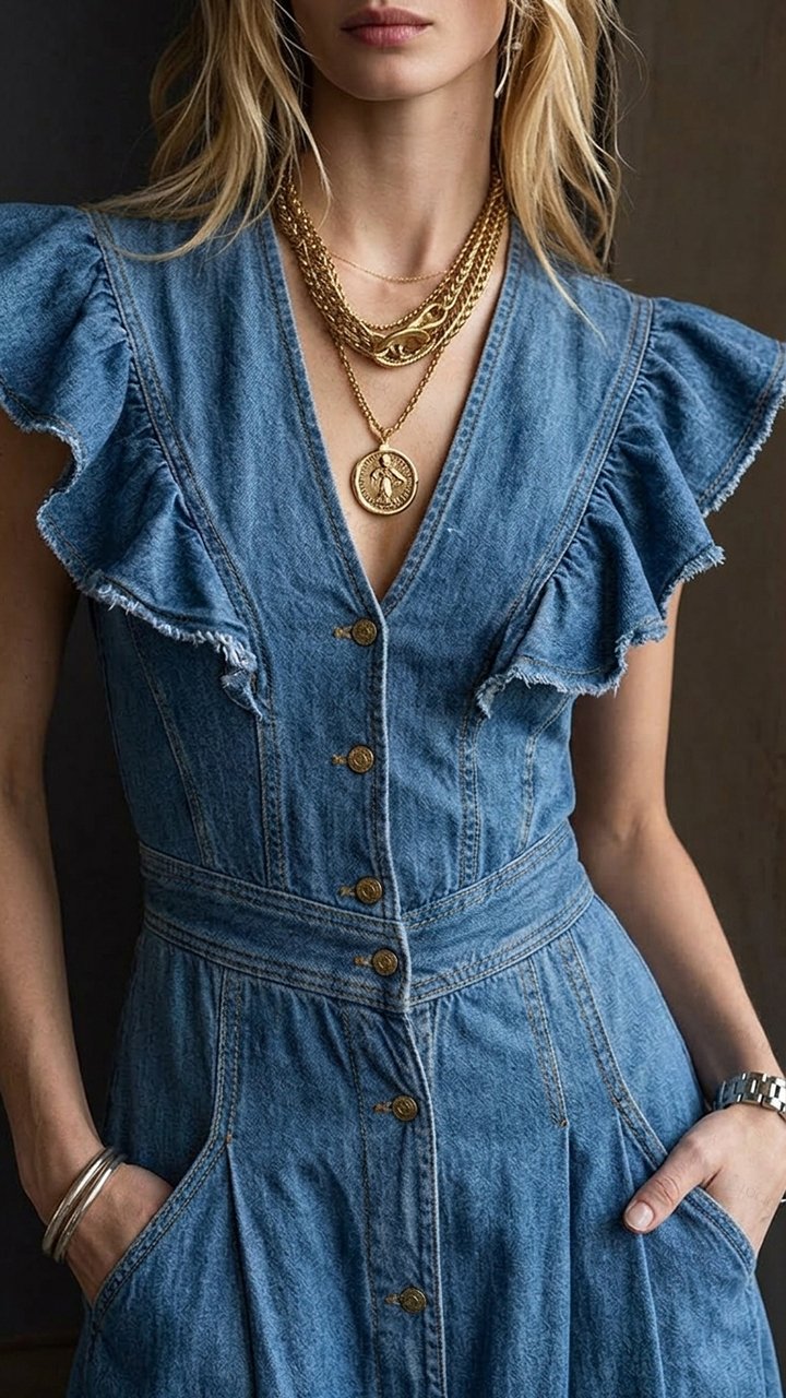 Women's V-neck Ruffle Sleeve Single-breasted Denim Midi Dress with Pockets
