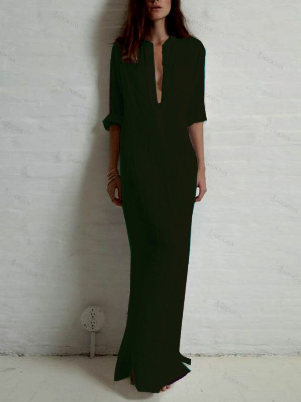 Linen Blend Breathable Side Split Maxi Shirt Dress