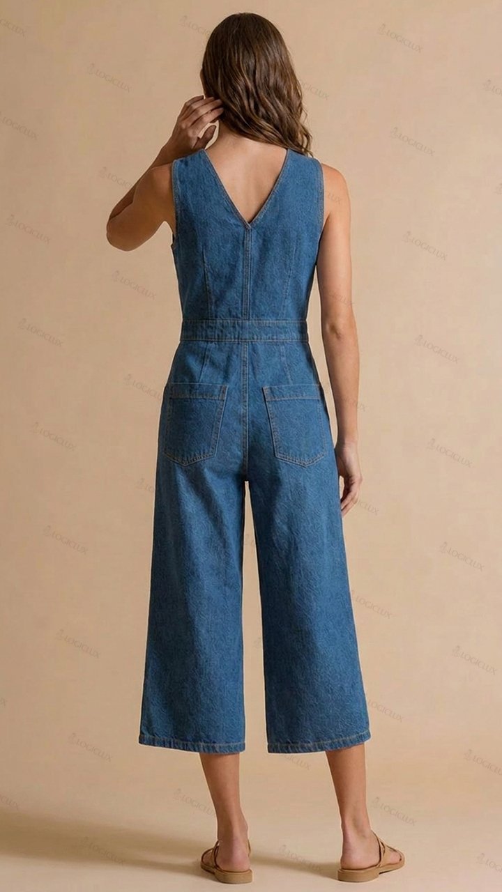 Womens Sleeveless V-neck Double-pocket Single-breasted Denim Wide Leg Jumpsuit