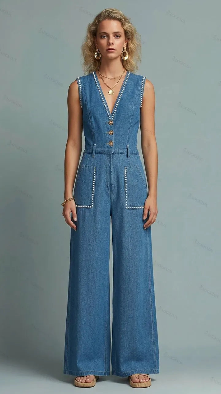 Womens Sleeveless V-neck Stud Decorated Denim Wide Leg Jumpsuit