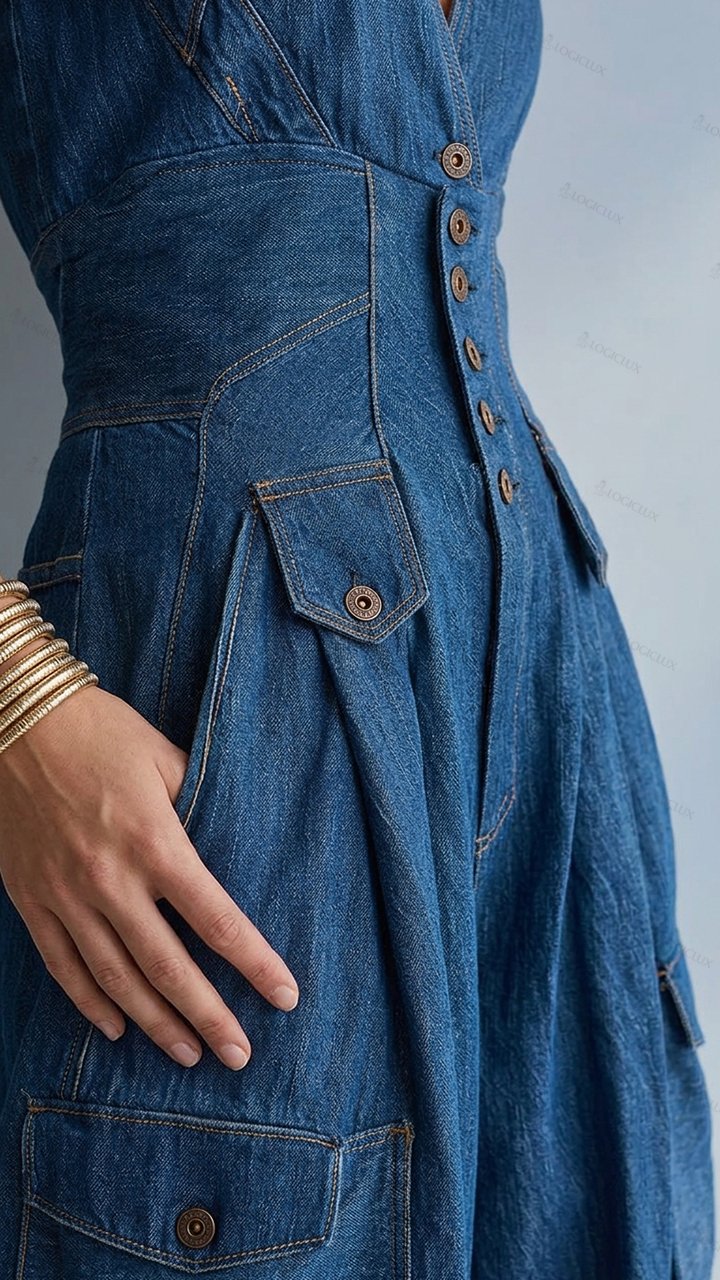 V-neck Sleeveless Denim Wide-leg Jumpsuit