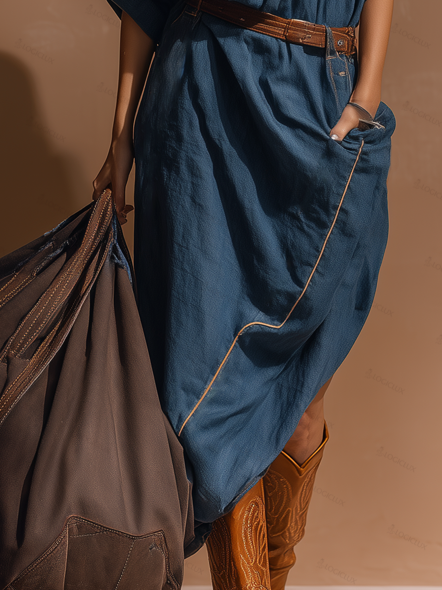 Stylish Western-style Asymmetrical Hem Short Sleeves Denim Midi Dress