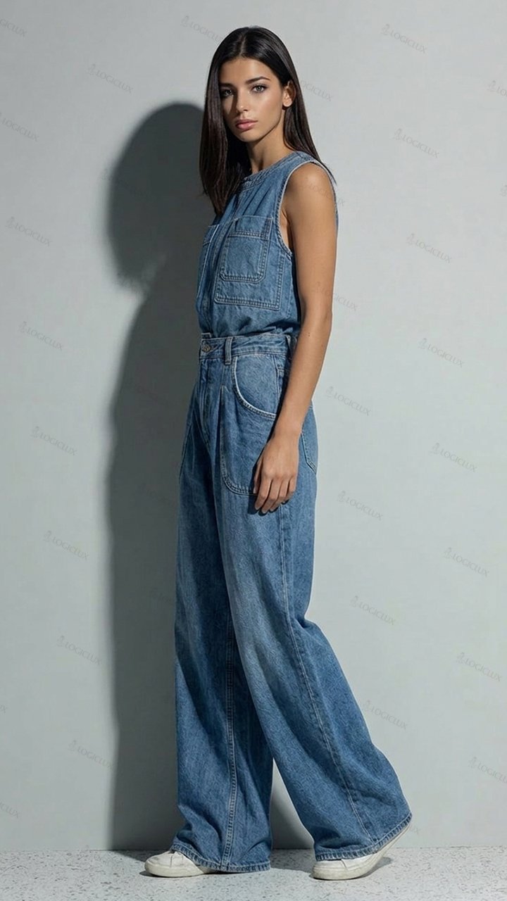 Women's Sleeveless Denim Vest with High-waist Wide-leg Denim Pants Set