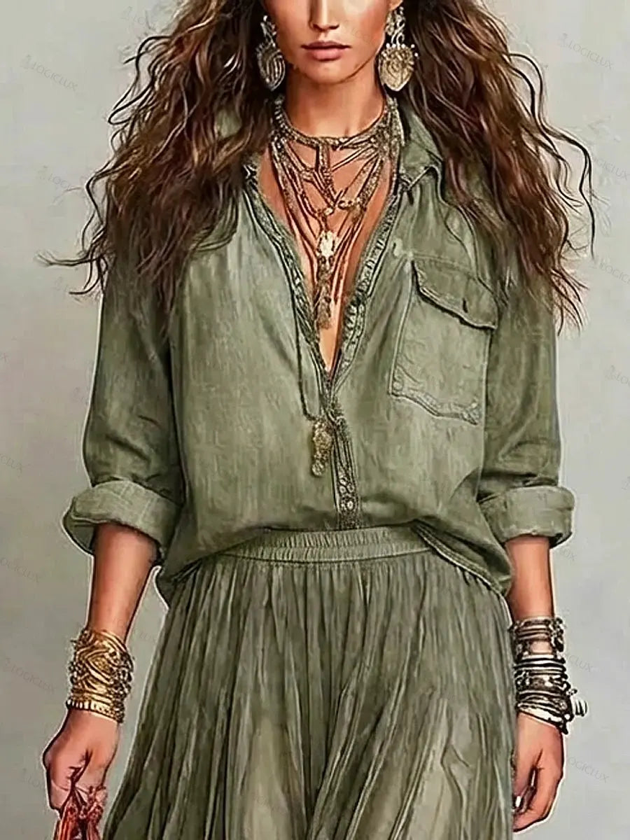 Women's Retro Lapel Art Casual Long Sleeve Denim Shirt