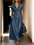 Women's Casual Loose Denim-paneled Dress With Lapel Collar And Short Sleeves