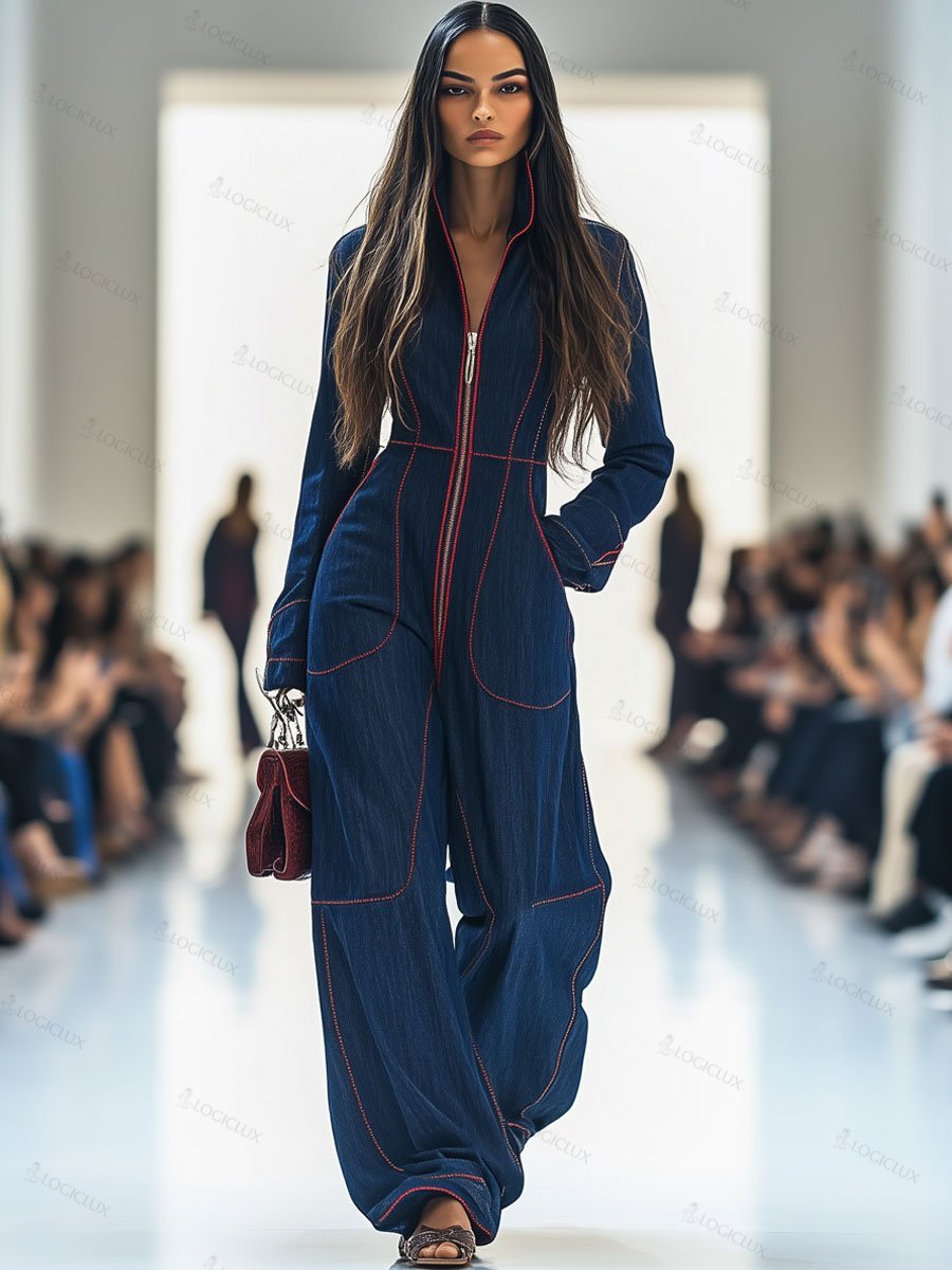 Women's Lapel Retro Zipper Pocket Long-Sleeved Wide-Leg Denim Jumpsuit