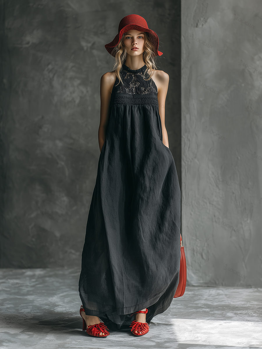 Stylish Western-style Dark Gray Lace Neckline Sleeveless Tencel Maxi Dress