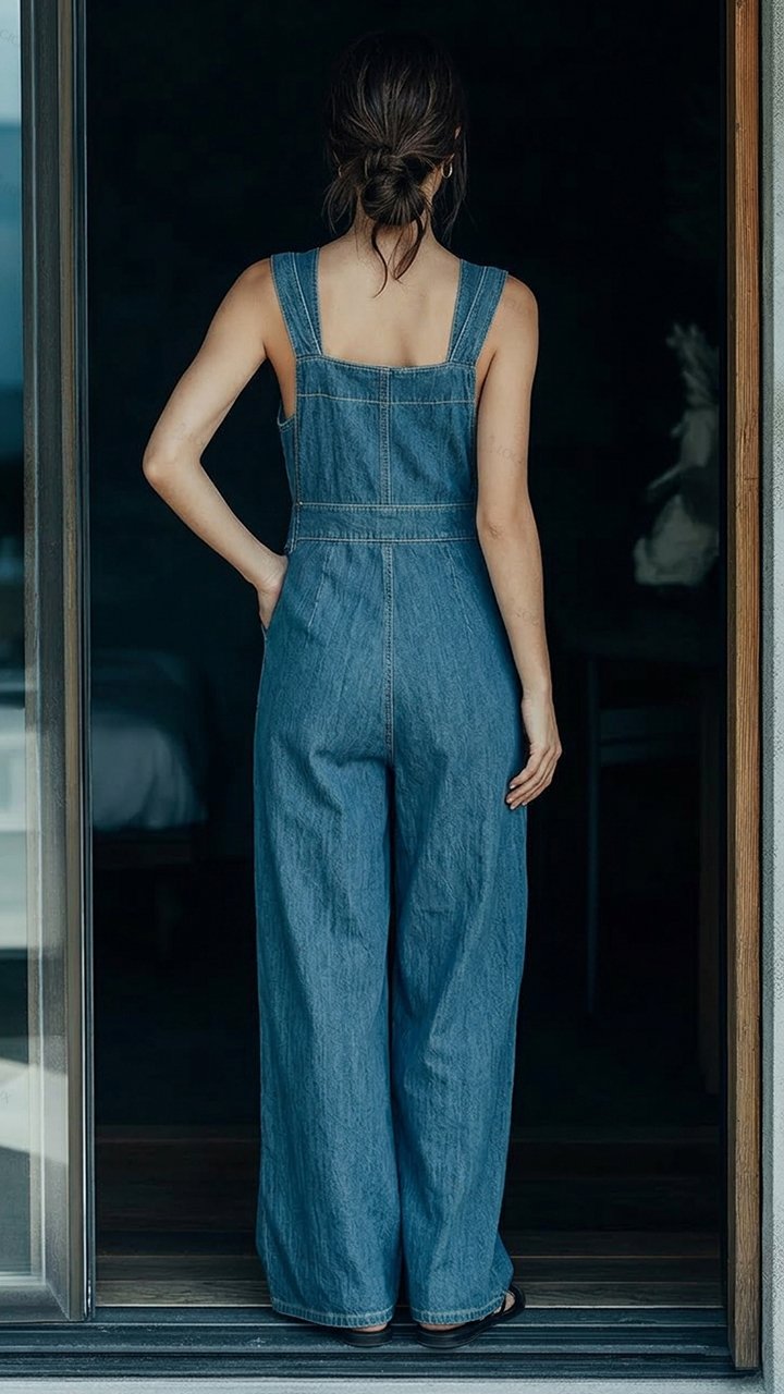 Women's Square-neck Sleeveless Denim Wide-leg Overall Jumpsuit
