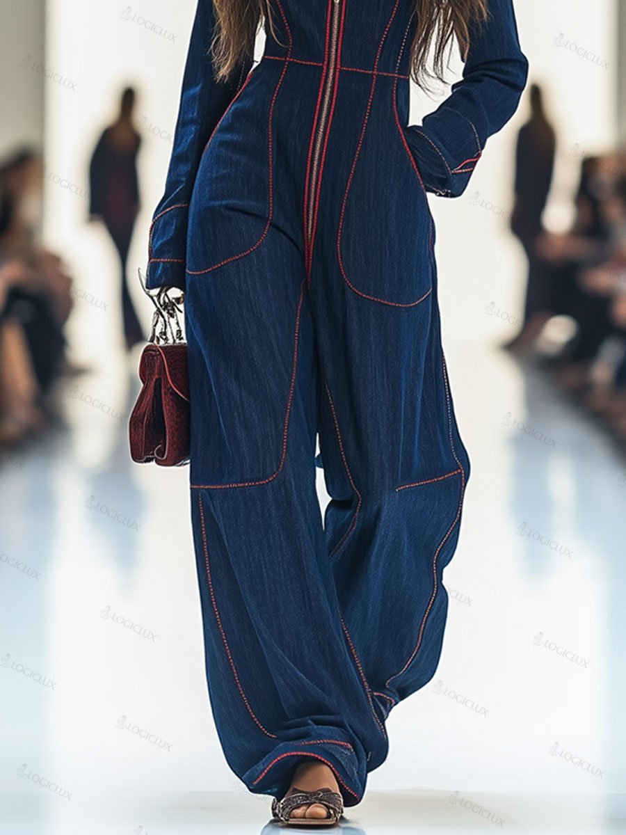 Women's Lapel Retro Zipper Pocket Long-Sleeved Wide-Leg Denim Jumpsuit
