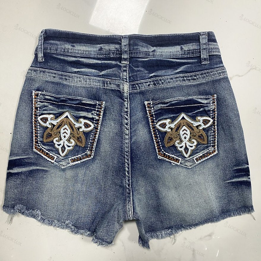 Women's Vintage Washed Ripped High Waist Embroidered Denim Shorts