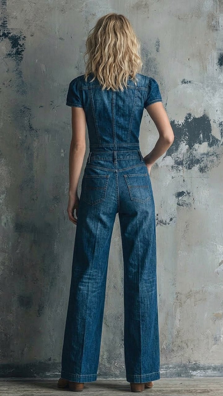 Women's Short-sleeved Deep-neck Cinched-waist Denim Wide-leg Jumpsuit