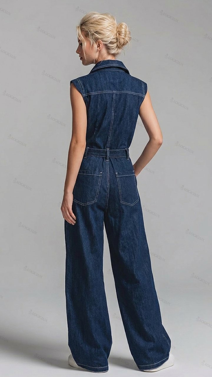 Women's Sleeveless Denim Wide-leg Jumpsuit