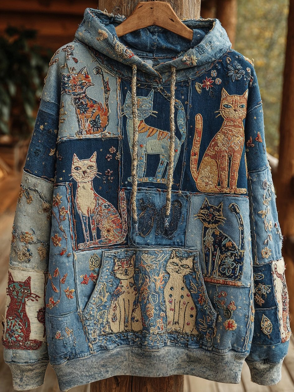 Denim Patchwork Cat Bohemian Floral Print Hoodie