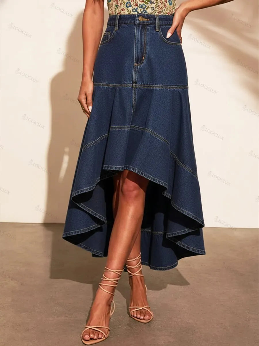 Women's Casual Denim Skirt With A Shorter Front And Longer Back.