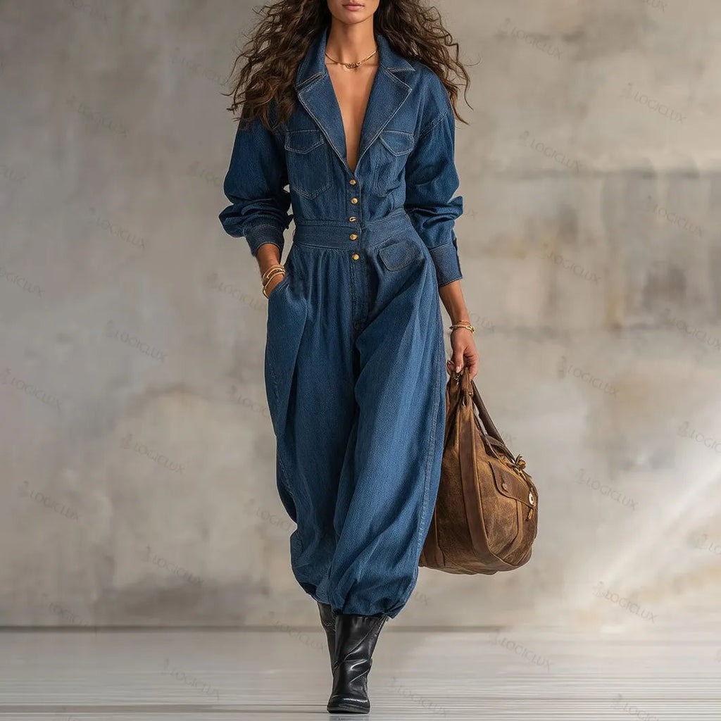 Loose Fit Lapel Button-down Multi-pocket Long-sleeved Denim Jumpsuit