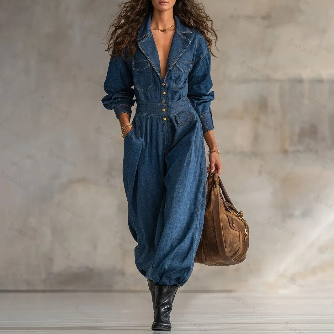 Loose Fit Lapel Button-down Multi-pocket Long-sleeved Denim Jumpsuit