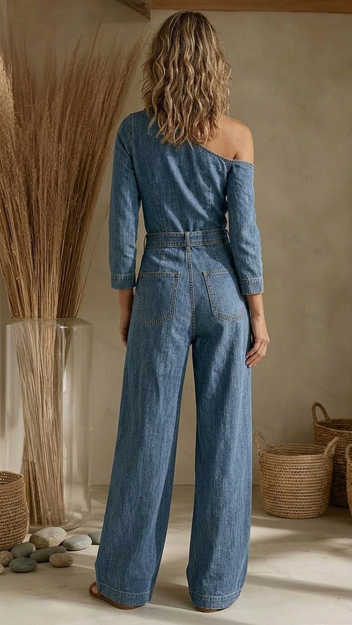 Women's Off-shoulder Single-row Button Denim Wide-leg Jumpsuit