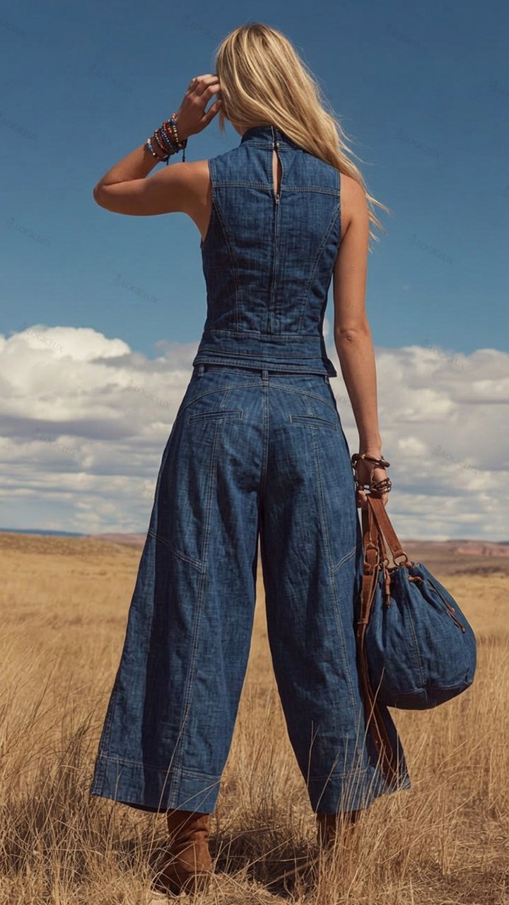 Retro Denim Sleeveless Top & Wide-Leg Pants Set