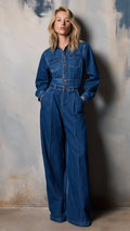 Women's Turn-down Collar Cinched-waist Denim Wide-leg Jumpsuit