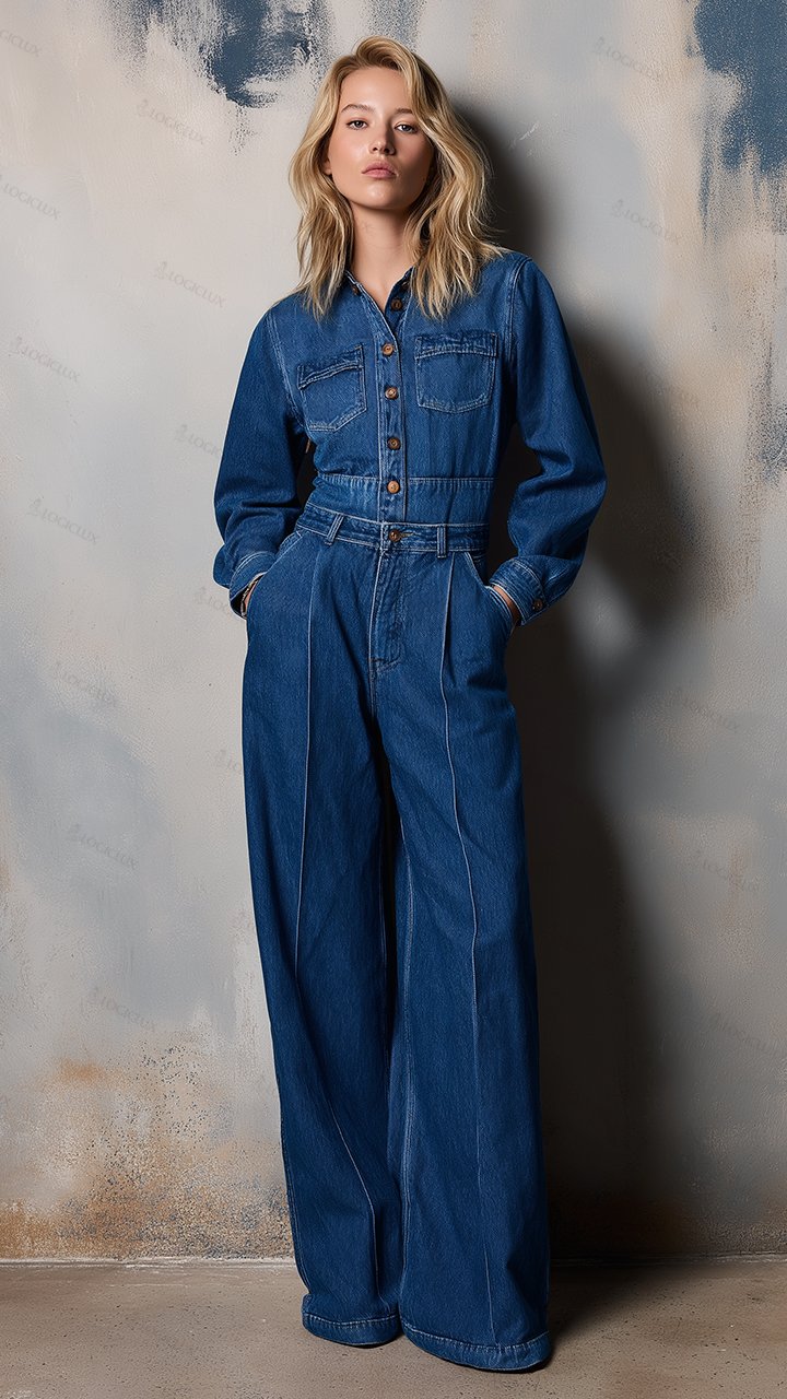 Women's Turn-down Collar Cinched-waist Denim Wide-leg Jumpsuit