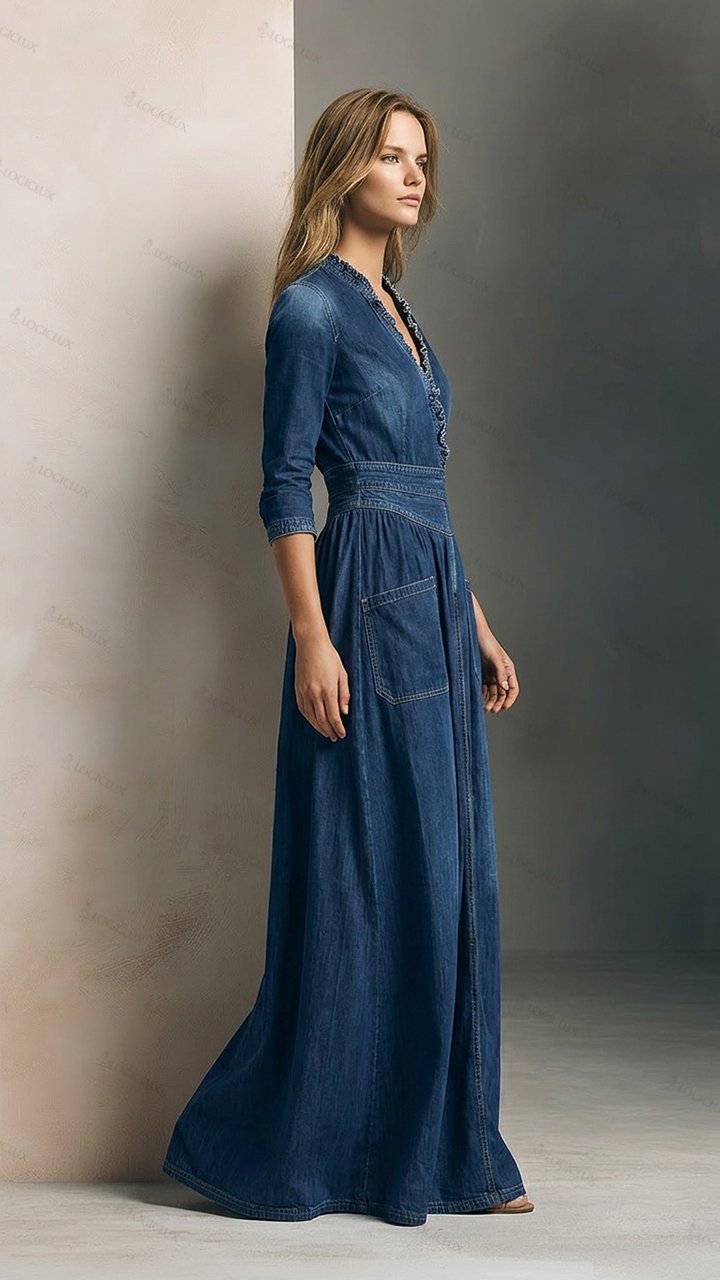 Women's V-neck Cinched-waist Denim Maxi Dress with Large Pockets