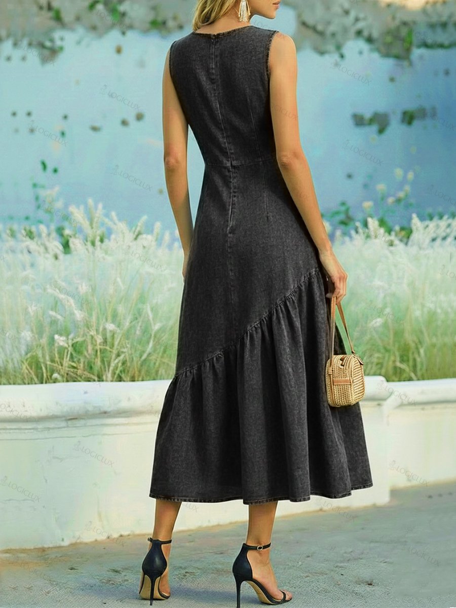 Women's Sleeveless Cotton Denim Dress With Ruffled Hem