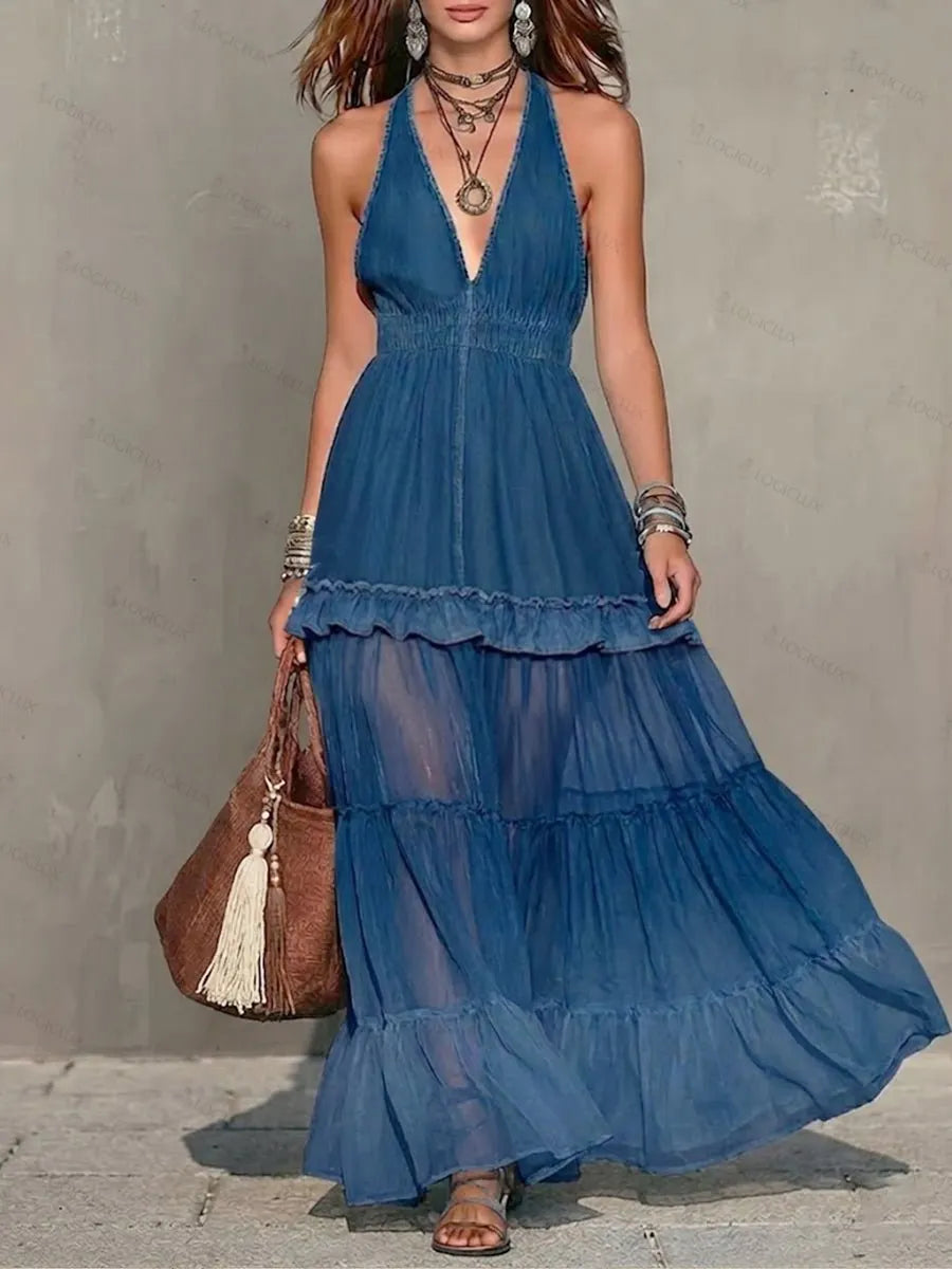 Stylish And Elegant Sleeveless Denim Dress With Chiffon Paneling