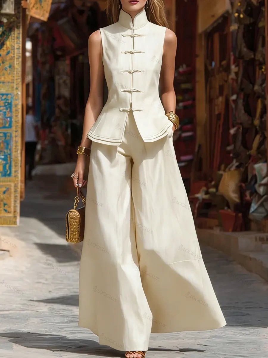 Stylish Chinese-style Stand-up Collar Knotted Button Sleeveless Top And Wide-leg Pants Set