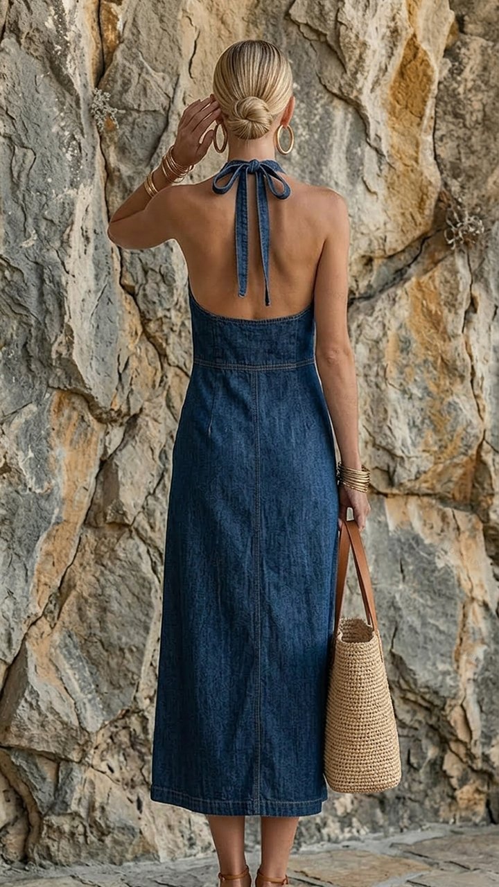 Women's High-neck Halter Denim Maxi Dress with Pockets