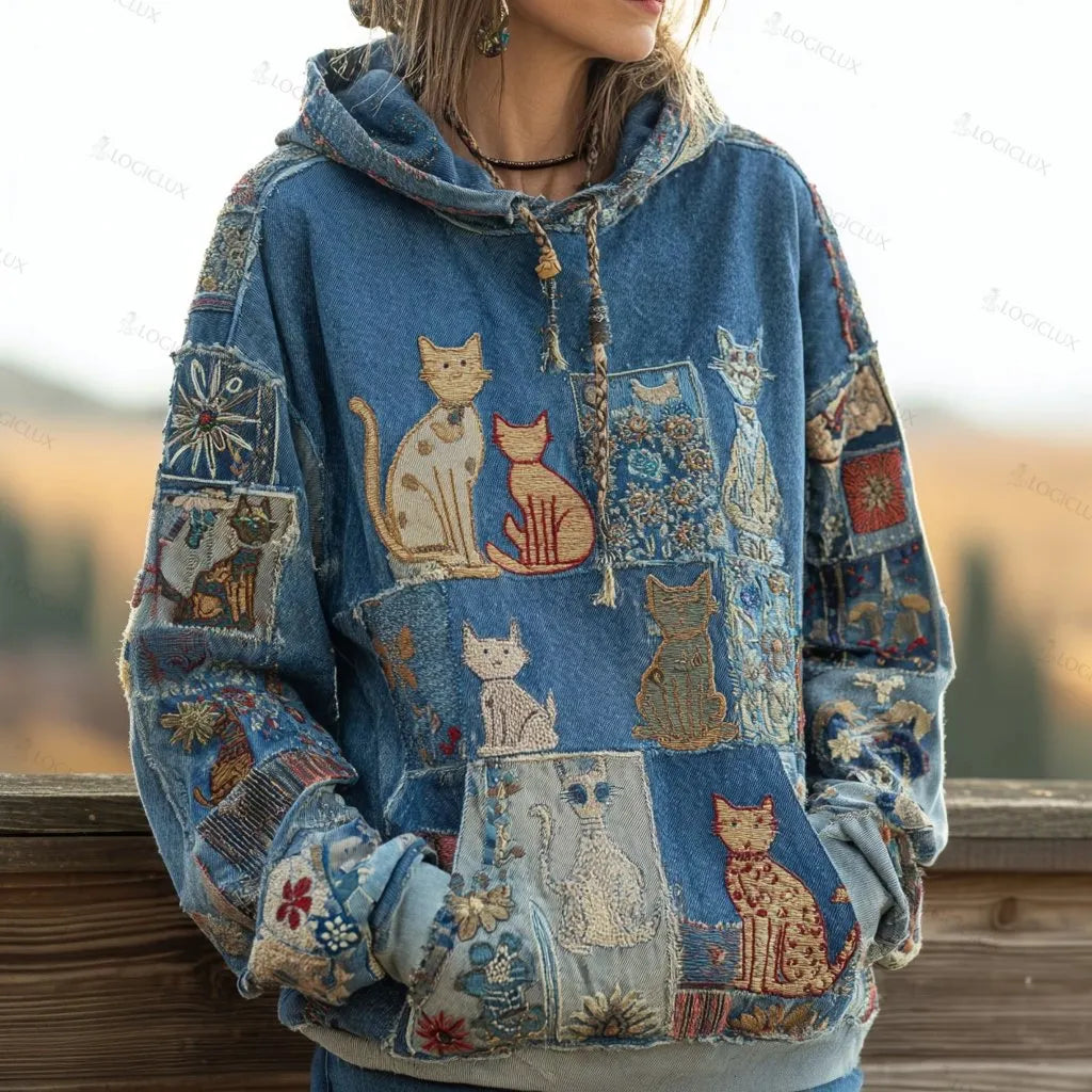 Women's Denim Patchwork Cute Cat Bohemian Floral Print Hoodie
