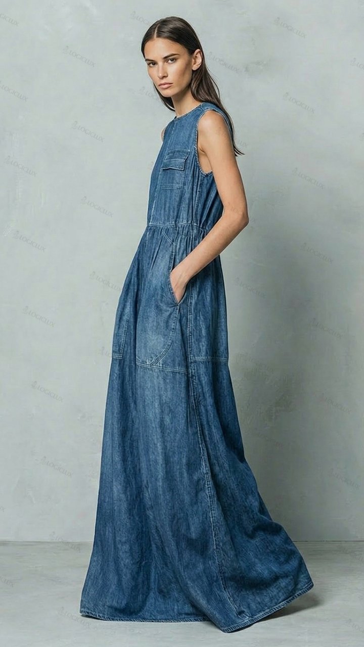 Women's Sleeveless Cinched-waist Denim Maxi Dress with Pockets