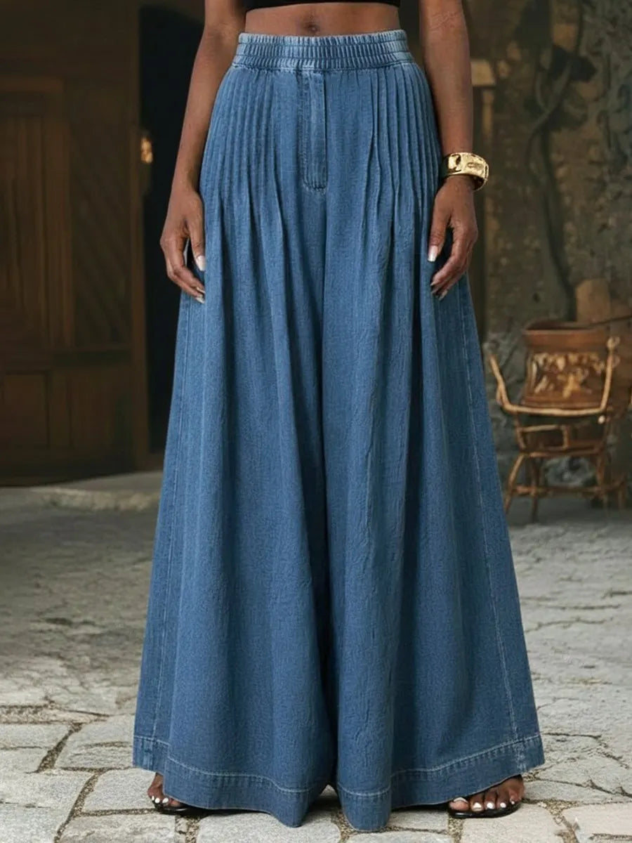 Retro Pleated Extra-wide Leg Denim Trousers