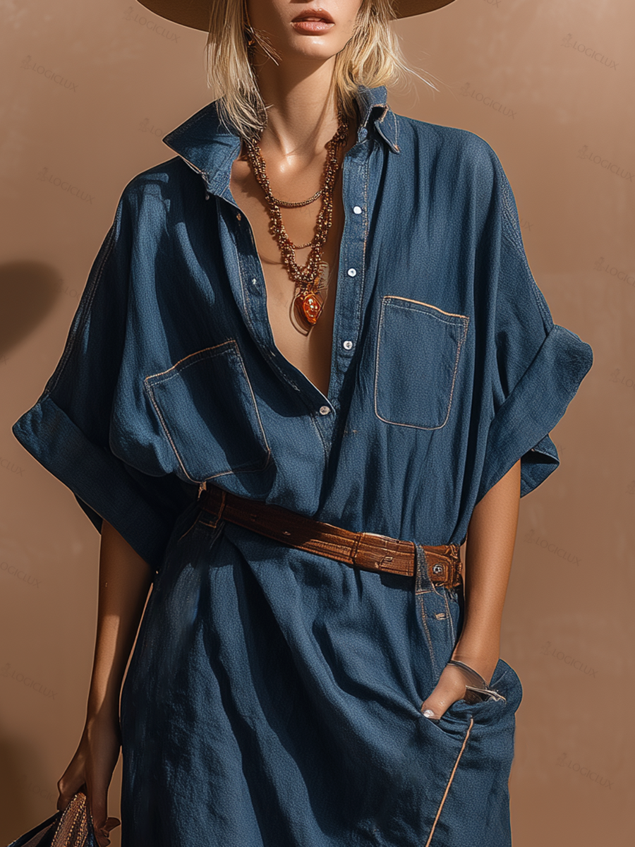 Stylish Western-style Asymmetrical Hem Short Sleeves Denim Midi Dress