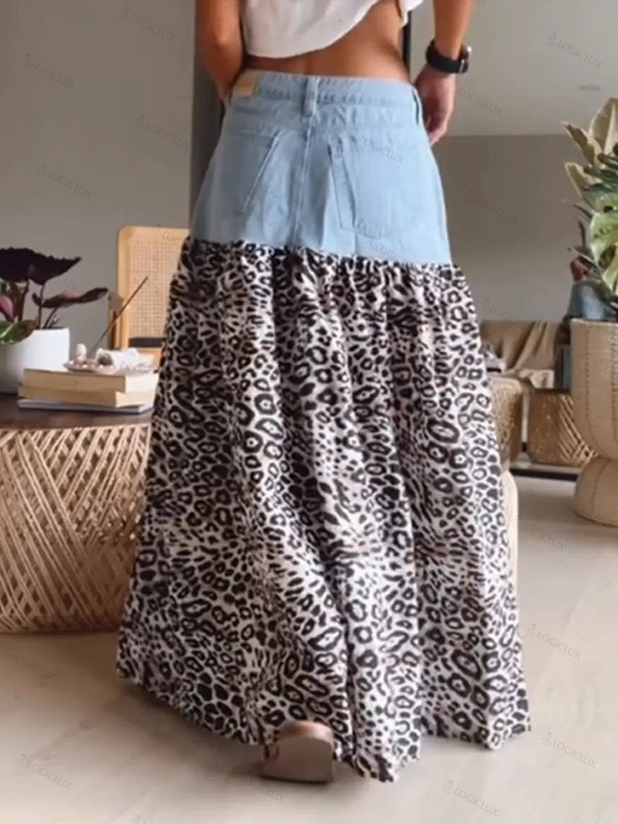 Women's Casual Denim And Leopard Print Patchwork A-line Skirt