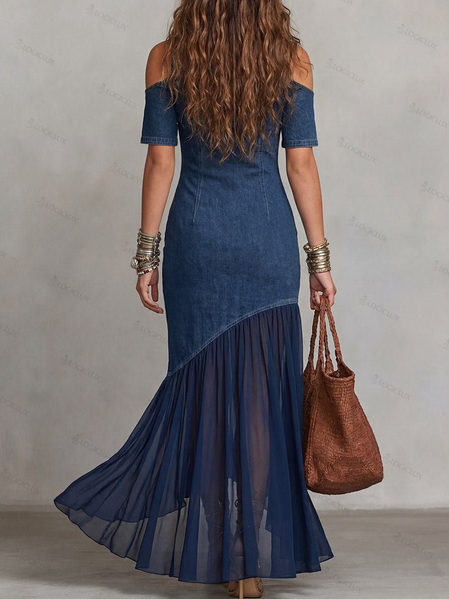 Women's Stand-collar Short-sleeve Slim-fit Casual Denim-paneled Dress