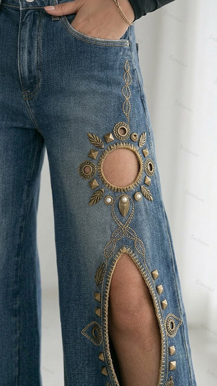 Womens High Waist Wide Leg Embroidered Cut-out Jeans