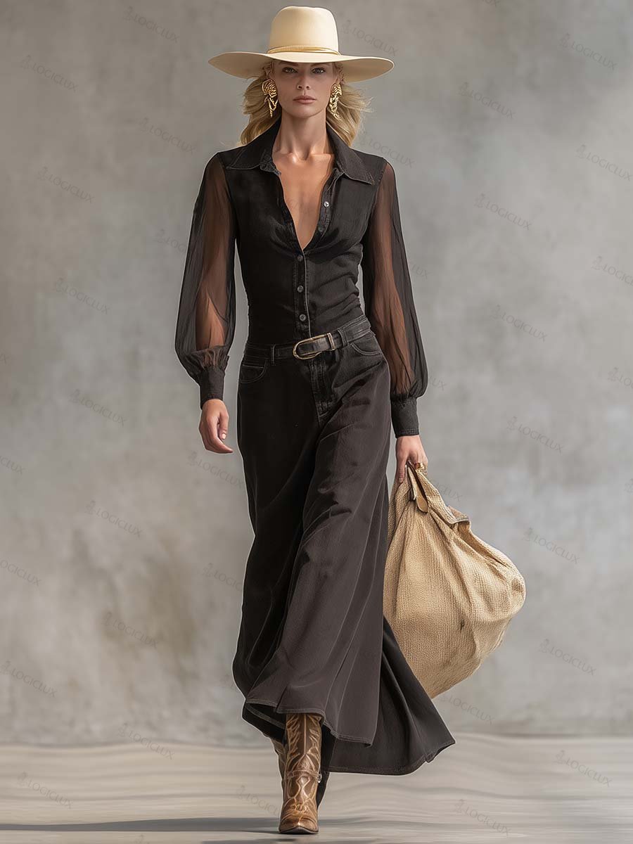 Vintage Western Front Button V-Neck Transparent Long Sleeve Black Denim Maxi Dress
