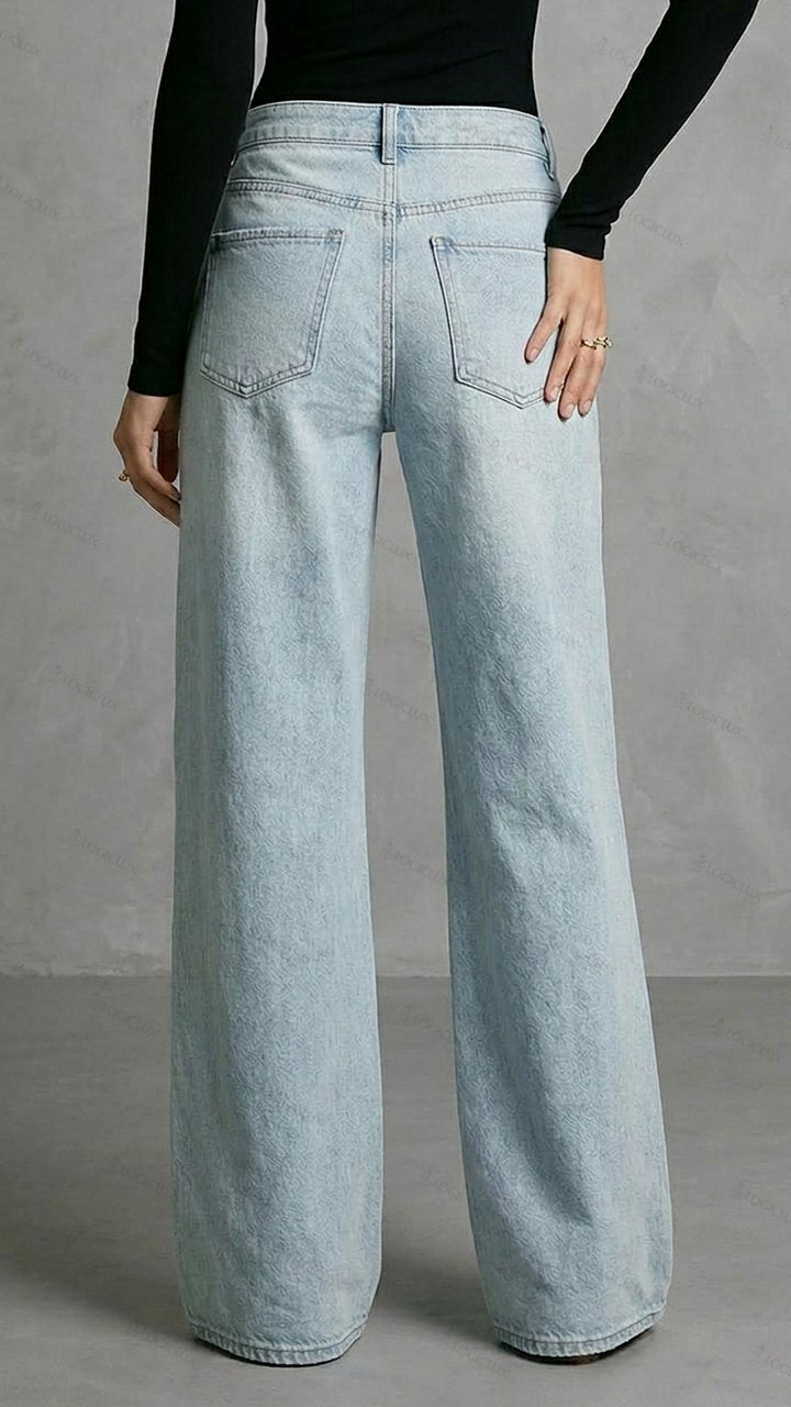 Womens High Waist Wide Leg Side Metal Buckle Ripped Jeans