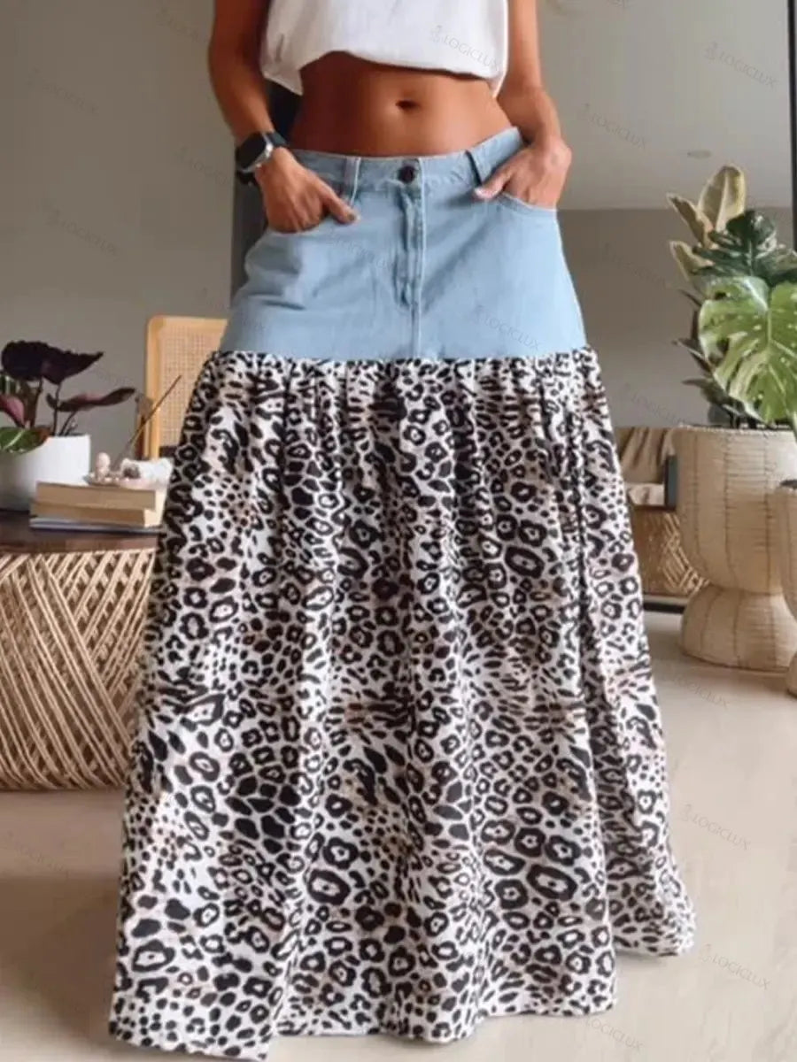 Women's Casual Denim And Leopard Print Patchwork A-line Skirt