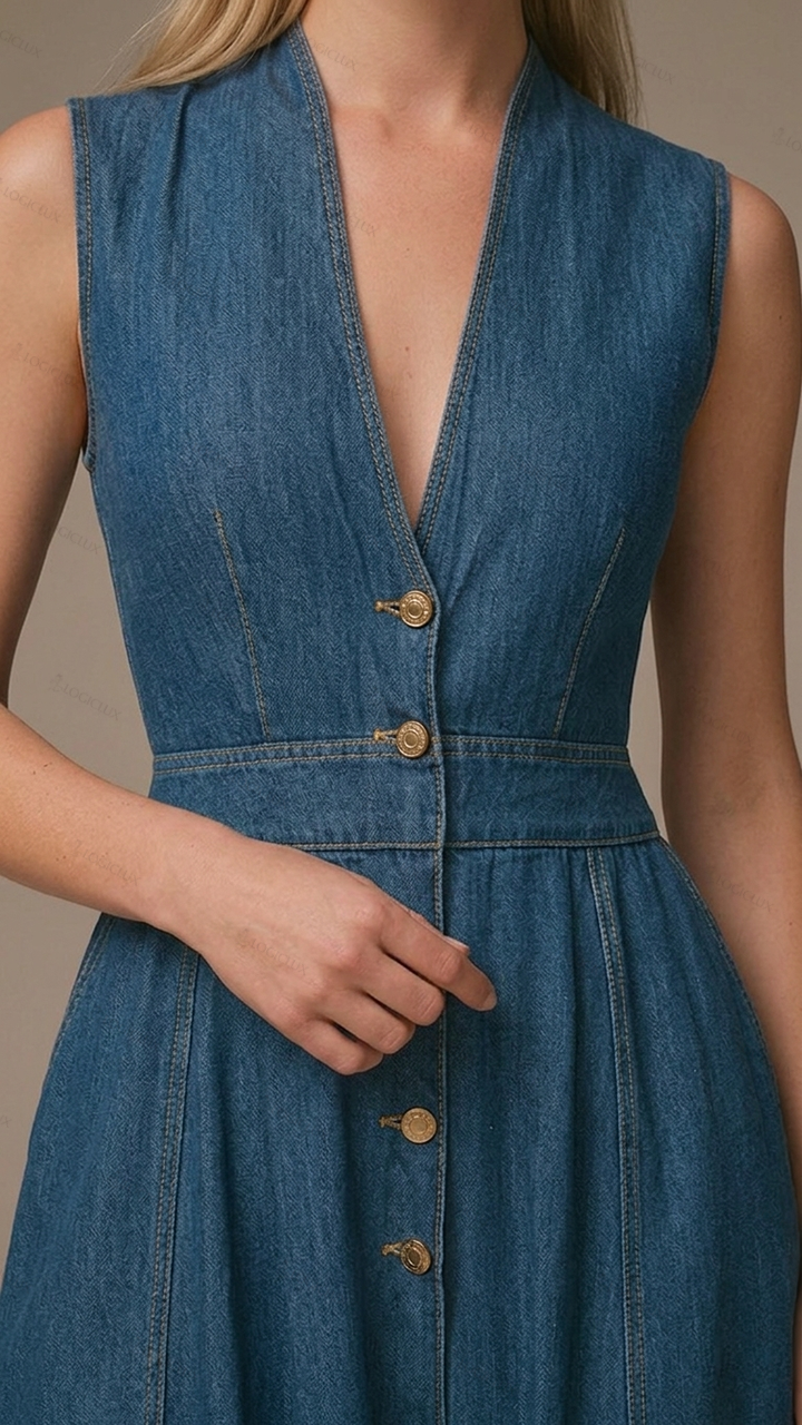 Womens Sleeveless V-neck Single-breasted Denim A-line Midi Dress