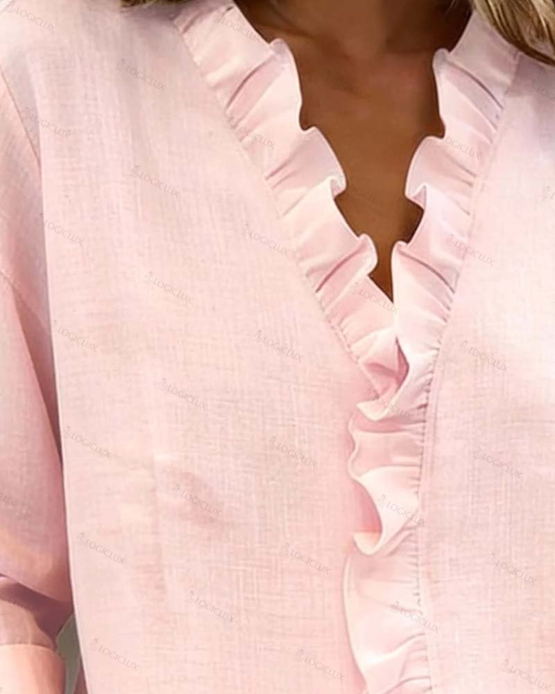 Ruffled Blouse with V-Neck and Long Sleeves
