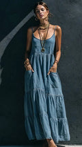 Women's spaghetti-strap Tiered Denim Maxi Dress with Pockets