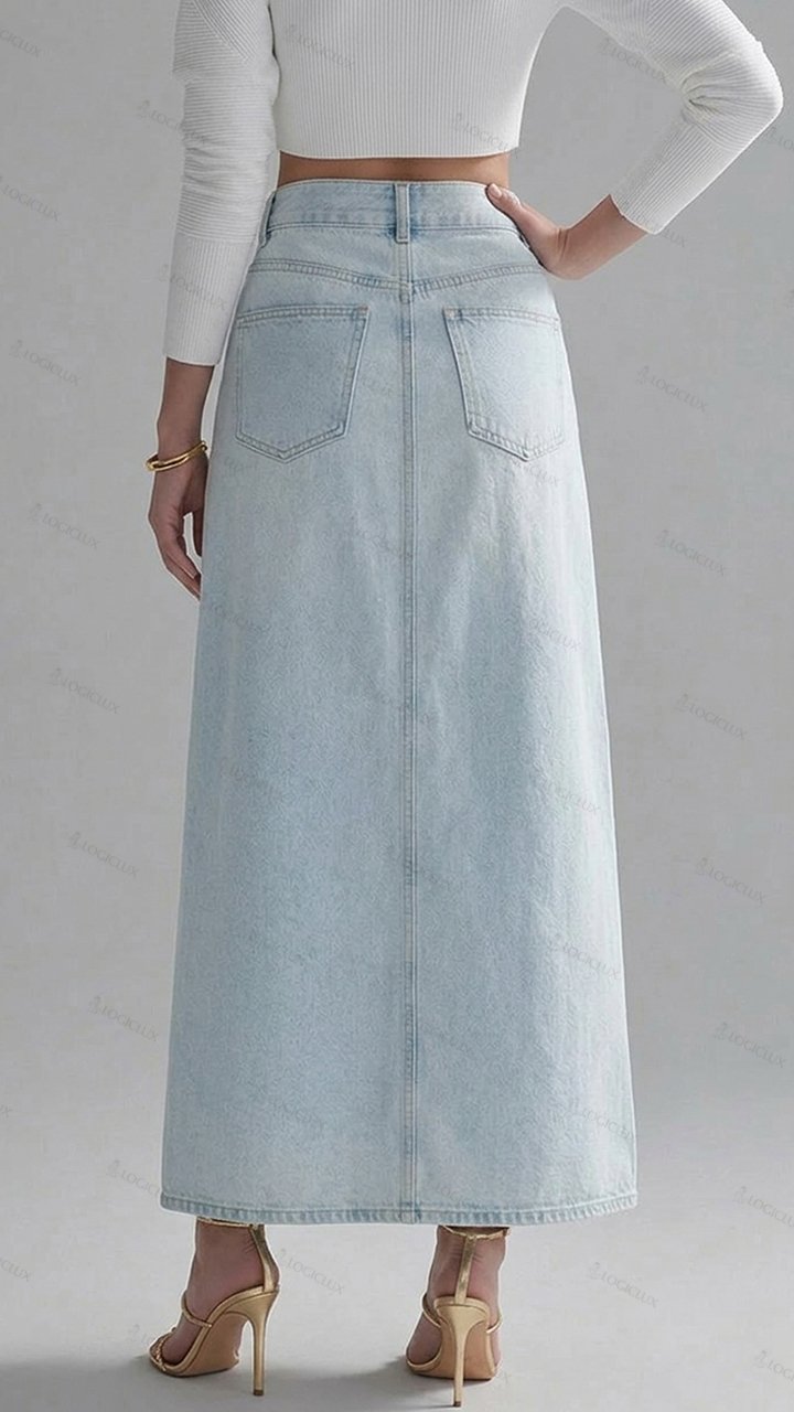Womens Metal Ring Decorated Slit Denim Maxi Skirt